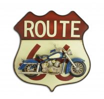 A TIN 3D WALL PLAQUE "ROUTE 66" MOUNTED WITH MOTORCYCLE