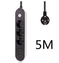 Verlengsnoer met Schakelaar-3 geaarde Stopcontacten-3 USB Oplaadpoorten-Reisadapter-Contactstekker-EU-5 Meter-antislip-Zwart 