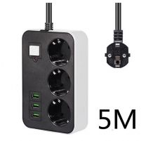 Verlengsnoer met Schakelaar-3 geaarde Stopcontacten-3 USB Oplaadpoorten-Reisadapter-Contactstekker-EU-5 Mtr-antislip-Zwart 